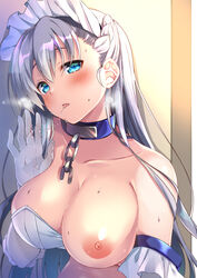 areolae azur_lane bangs bare_shoulders belfast_(azur_lane) blue_eyes blush braid breasts chains cleavage collar collarbone cum cum_on_body cum_on_upper_body cum_string dress_pull elbow_gloves eyebrows_visible_through_hair female french_braid frilled_gloves frills gloves head_tilt highres kaniya_shiku large_breasts long_hair looking_at_viewer maid maid_headdress nipples one_breast_out saliva shiny shiny_skin sidelocks silver_hair solo steam sweat white_gloves