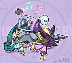 after_transformation breasts chabble female iono_(pokemon) large_breasts laying_down monitor_head multicolored_hair pokemon robot robot_girl robotification satellite_dish transformation tv_head wire_hair wires