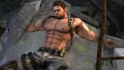 1boy 1male big_pecs brown_hair bulge bulge_in_pants bulge_under_clothes chris_redfield erect_nipples gay half-dressed half_naked male male_focus male_only muscles muscular muscular_male nipples pants pants_bulge pants_only pecs pectorals resident_evil resident_evil_5 solo solo_focus solo_male
