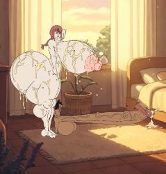 anime bed bedroom big_ass big_breasts big_penis bitch black_hair black_skin chainsaw_man cuck cum_in_mouth cum_on_ass cum_on_body cum_on_breasts cum_on_face damdude1_(artist) makima_(chainsaw_man) massive_breasts massive_penis oc red_eye red_hair shota smegmafied_cum varix_(edit)