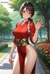 1girls ai_generated amagami big_ass big_breasts brown_eyes brown_hair day dtkai flowers japanese_clothes large_ass large_breasts long_hair looking_at_viewer nature open_clothes outside park ponytail smile takahashi_maya tree waving_at_viewer