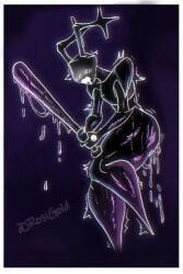 1boy 2025 2:3 anal_fluids antlers ass baseball_bat bat_(object) big_butt black_body bodily_fluids deltarune english_description eyeless femboy hi_res holding_baseball_bat horn male male_only marigold_rosi not_furry open_mouth roaring_knight rosigoldd saliva saliva_string shadow_creature side_view solo thick_thighs undertale_(series)