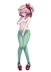1girls bare_shoulders belly_button blush blushing blushing_at_viewer covering covering_breasts covering_crotch embarrassed exposed_shoulders flower flower_in_hair green_tights heels hi_res highres looking_at_viewer navel nijisanji nijisanji_en pantyhose pink_hair red_eyes rose rose_(flower) rosemi_lovelock small_breasts solo solo_female solo_focus thorns tights topless tummy vines virtual_youtuber yunoyuno