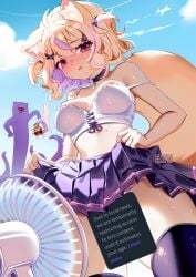 :t ahoge animal_ear_fluff animal_ears bare_shoulders bird black_legwear blonde_hair blue_sky blush breasts cat_ears censored cloud crop_top day electric_fan from_below hair_ornament hairclip lifted_by_self looking_at_viewer meme multiple_girls outdoors panties pleated_skirt pout purple_skirt short_hair skirt skirt_lift sky squchan squchan_(vtuber) strap_slip tail thighhighs twintails underwear vyugen