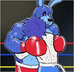 2boys animal_ears blood_nose blue_hair bonnie_(fnaf) boxing boxing_gloves boxing_ring bunny_ears cat_ears clinch five_nights_at_freddy's hunter-husky male male_only purple_skin