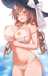 1girls bikini bikini_pull black_hat blue_eyes blurry blurry_background blush bow breasts breasts_out brown_hair clothes_pull commentary_request cowboy_shot day embarrassed female flower granblue_fantasy groin hair_flower hair_ornament hat hat_bow highres large_breasts long_hair navel nipples ocean open_mouth outdoors parted_bangs pulling_own_clothes raziel_(granblue_fantasy) shirokuma-kun simple_background solo standing stomach sun_hat sweat swept_bangs swimsuit tan tanlines white_bikini white_bow white_flower