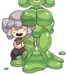1boy 1boy1girl 1girls big_breasts breasts brickey female green_slime grey_hair halfling_male hugging_leg hugging_thigh male missing_tooth slime_girl slymee sycneit_(artist) tagme thick_thighs thighs transparent_background