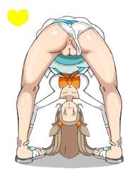 1girls alternate_breast_size ankle_grab anus ass bent_over big_breasts blouse blush blushing breasts brown_eyes brown_hair cleavage clitoris dress feet female female_only footwear gym_leader hair_ornament heart holding human innie_pussy jasmine_(pokemon) leg_grab long_hair looking_at_viewer looking_back looking_through_legs nail_polish nintendo open_mouth open_toe_shoes panties panties_aside phantamos pokemon pokemon_gsc pokemon_hgss pussy ribbon sandals shadow shirt simple_background skirt solo spread_legs standing toes tongue twintails underwear vagina watermark white_background white_panties