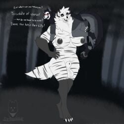 absurd_res animal_genitalia anthro areola balls big_balls big_breasts blush bone breasts canid canine canis cryptid dialogue duo eyewear female fur futanari genitals glasses hair hi_res hyena intersex larger_futa larger_intersex male mammal monster nipples nude sheath sirdoomwolf size_difference skull skull_head smaller_male striped_hyena tail text wolf