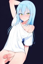 1boy ai_generated arm_up balls light_blue_hair male offshoulder_shirt otoko_no_ko penis rimuru_tempest tensei_shitara_slime_datta_ken testicles trap yellow_eyes