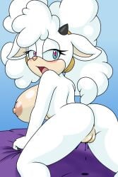 2:3 anthro anus areola ass big_breasts big_butt black_horn blue_background blue_eyes blue_sclera blush bodily_fluids bovid breasts caprine ears_down eyelashes female fur genital_fluids genitals head_tuft heart_eyes heart_symbol hi_res horn huge_breasts idw_publishing kneeling lanolin_the_sheep_(sonic) looking_at_viewer looking_back looking_back_at_viewer mammal nipples nude open_mouth pink_areola pink_nipples pink_nose pivoted_ears rear_view sega sheep simple_background solo sonic_the_hedgehog_(comics) sonic_the_hedgehog_(idw) sonic_the_hedgehog_(series) sonicguru tan_body tan_fur tuft vaginal_fluids vulva white_body white_fur