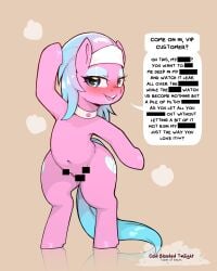 aloe_(mlp) blue_eyes blue_hair blue_tail blush censor_bar censored cold-blooded-twilight cutie_mark dialogue earth_pony english_text equid equine eyelashes eyeshadow female friendship_is_magic hair hasbro hi_res hooves horse long_hair makeup mammal my_little_pony navel open_mouth pink_body pony semi-anthro solo speech_bubble standing tail text