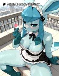(creature) 1girls ai_generated animal_ears animal_nose apron black_dress blue_fur blue_hair blue_sclera blush body_fur breasts cleavage colored_sclera detached_collar dress female furry furry_female glaceon heart large_breasts maid maid_apron maid_headdress meevow no_panties pokemon pussy pussy_juice sitting snout solo sweat