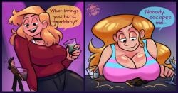 2girls big_breasts big_female_small_female blonde_female blonde_hair breast_crush breast_play breasts comic crushed_by_breasts deviantart_link drunk drunk_female english english_text female giantess glasses huge_breasts newgrounds_link night_club party size_difference sketch smaller_female squeeze_breast suzanne_(thehoeartist) suzy_(the_hoe_artiste) thespunkbug
