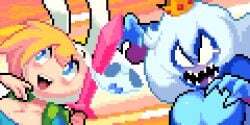 2016 adventure_time backpack bouncing_breasts chasing dress embarrassed fake_animal_ears fake_bunny_ears fionna_the_human_girl gashi-gashi genderswap_(mtf) humiliation ice_queen_(adventure_time) open_mouth panties pixel_animation pixel_art rule_63 running stolen_panties sword talking uejini underwear