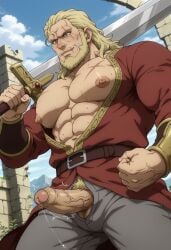 ai_generated beard big_penis blonde_hair blonde_hair_male cock large_penis male_focus male_only mature_male muscular muscular_male nipples pecs penis penis_out precum stable_diffusion thorgil throbbing_penis viking vinland_saga