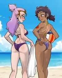 2girls absurd_res aged_up amity_blight arm_tattoo ass beach bikini blush breasts brown_eyes brown_hair canon_couple centinel303 chocolate_and_vanilla couple dark-skinned_female dark_skin disney disney_channel earrings female female_only hi_res high_ponytail highres jewelry large_breasts long_hair luz_noceda medium_breasts multicolored_hair multiple_girls one_eye_closed pink_hair pointy_ears ponytail purple_bikini roots_(hair) scar scar_on_face short_hair summer swimsuit ta-na tan tanline tattoo the_owl_house the_owl_house_(finale) towel volleyball wristband yellow_eyes yuri