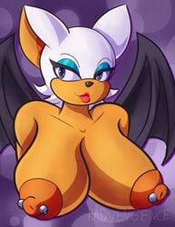 areolae artist_name bat bat_wings big_breasts big_nipples black_nose blue_eyes breasts busty erect_nipples erection female female_only huge_breasts large_breasts lips lipstick mammal membranous_wings nipple_piercing nipples piercing radvengence red_lipstick rouge_the_bat sega simple_background solo sonic_(series) tan_fur watermark white_fur wings