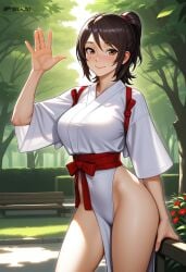 1girls ai_generated amagami big_ass big_breasts brown_eyes brown_hair day dtkai flowers japanese_clothes large_ass large_breasts long_hair looking_at_viewer nature open_clothes outside park ponytail smile takahashi_maya tree waving_at_viewer