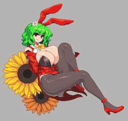 2d big_breasts bunny_ears cleavage green_hair looking_at_viewer pixel_art red_eyes stockings sunflower takorin touhou yuka_kazami