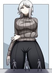 1girls anon big_breasts breasts faust_(limbus_company) female giantess limbus_company macro micro project_moon size_difference tazataza turtleneck_sweater white_hair