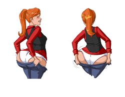 1girls ass ass_built_separately ass_expansion axel-rosered behind_view ben_10 ben_10_alien_force ben_10_ultimate_alien blush breasts closed_eyes clothed female female_only gwen_tennyson gwen_tennyson_(alien_force) huge_ass human jeans jiggling orange_hair panties ponytail pulling_pants solo solo_female straining struggling struggling_to_fit sweat teeth tied_hair tight_clothing tight_fit uncomfortable underwear white_background white_panties