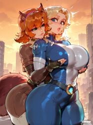 2girls ai_generated ass big_ass big_breasts blonde_hair blue_eyes breasts clothing difuxer earrings female green_eyes invisible_woman invisible_woman_(marvel_rivals) large_ass looking_at_viewer marvel marvel_comics marvel_rivals orange_hair shorts squirrel_girl_(marvel) squirrel_girl_(marvel_rivals) sue_storm suit tagme thick_thighs thighs yuri