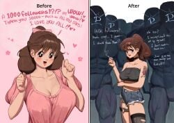 1girls 2koma artist_self-insert big_breasts breasts brown_hair choker comic dialogue english_text female female_focus follower_celebration fully_clothed hair_ornament imminent_sex light_skin looking_at_viewer original original_character ripped_clothing shorts smoking sparkling_eyes surrounded surrounded_by_men tattoo text tube_top tubetop wjs07