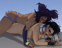2girls beta_neon_(valorant) bite biting_neck fade_(valorant) female kiss_mark neon_(valorant) strap-on sweetgrape16 valorant yuri