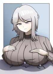 1girls anon big_breasts breast_crush breast_smother breasts faust_(limbus_company) female femdom giantess limbus_company macro micro project_moon size_difference smile smothering tazataza white_hair
