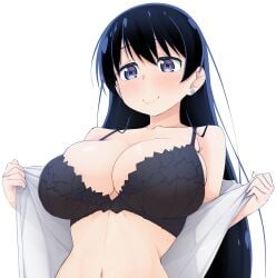 1girls black_bra black_hair blue_eyes bra breasts cleavage closed_mouth commentary_request earrings female hinata_masaki jewelry large_breasts light-skinned_female long_black_hair long_hair looking_at_viewer nagi_arato navel ruri_rocks shirt shirt_down simple_background smile smiling smiling_at_viewer solo solo_female solo_focus stud_earrings taking_clothes_off undressing upper_body waist_up white_background white_shirt