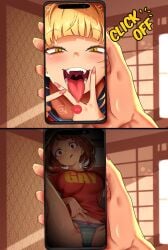 2girls :p blonde_hair brown_eyes brown_hair cameltoe cellphone facetime fangs female female_focus hanaarasuka heroine himiko_toga light-skinned_female light_skin medium_hair my_hero_academia ochako_uraraka open_mouth painted_nails panties selfie sexting sharp_teeth short_hair spread_legs striped_panties superheroine text toga_himiko tongue tongue_out underwear uraraka_ochako yellow_eyes yuri
