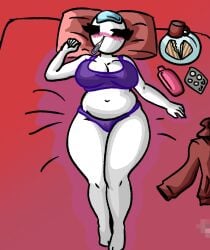 1girls bald bald_female bed belly belly_button black_eyes bottle bra breasts chetoh claire_(chetoh) cleavage coffee coffee_mug egg female female_focus female_only hoodie ice_pack lying_on_back lying_on_bed oc original original_character panties purple_bra purple_panties red_bed red_hoodie sandwich sick thermostat underwear white_body