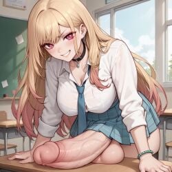 ai_generated balls blonde_hair breasts classroom cock_on_desk futanari kitagawa_marin large_balls large_breasts large_penis multicolored_hair my_dress_up_darling penis penis_on_display plaid_skirt sono_bisque_doll_wa_koi_wo_suru spartan25