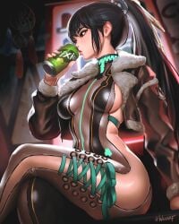 black_bodysuit black_hair blunt_bangs bodysuit breasts brown_bodysuit brown_eyes can commentary cropped_jacket crossed_legs drinking eve_(stellar_blade) female fur-trimmed_jacket fur_trim highres holding holding_can jacket long_hair looking_to_the_side medium_breasts planet_diving_suit_(3rd)_(stellar_blade) ponytail sideboob sideless_outfit sitting skin_tight solo stellar_blade thighs twitter_username two-tone_bodysuit vending_machine very_long_hair wuoarf