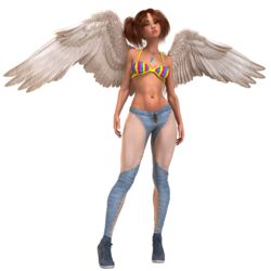 1girls 3d angel angel_wings bare_shoulders becarra bikini bikini_top brown_hair eyelashes eyeshadow female female_only fiona_(becarra) front_view green_eyes hourglass_figure humanoid long_hair looking_at_viewer makeup midriff necklace pants pointy_ears pose posing shiny shiny_skin shoes short_hair simple_background small_breasts solo standing tied_hair twintails wide_hips wings