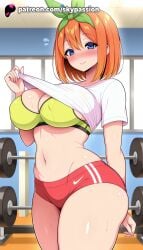 1girls 2025 ai_assisted ai_generated anime artist_name bangs blue_eyes blush bra breast breasts breasts breasts buruma bust chest closed_mouth clothes_lift eyebrows_behind_hair female go-toubun_no_hanayome gym hair_ribbon hi_res high_quality high_resolution highres indoors nakano_yotsuba navel orange_hair patreon patreon_username pregnant ribbon shirt_lift skypassion smile solo stable_diffusion sweat watermark window