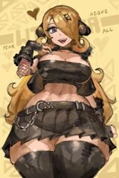 1girls big_breasts black_nails breasts cleavage clothed clothing collar cynthia_(pokemon) female female_focus female_only fishnet_armwear fishnet_clothing fishnets goth goth_girl heart heart-shaped_pupils light-skinned_female light_skin looking_at_viewer midriff nail_polish nintendo pokemon saiykik solo tube_top tubetop