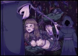 2boys absurdres angry barefoot black_bodysuit bodysuit bondage bound bound_arms bound_legs bound_toes bound_wrists breasts breasts_out brown_hair carrying carrying_person dirty dirty_clothes dirty_face dirty_feet eudetenis female forest gag highres hogtie hood hood_up kidnapped kidnapping male multiple_boys nature night nipples open_mouth pole puffy_nipples robe rope shadow stomach suspension tearing_up tears