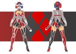 1girls armor big_barda black_hair boots choker cleavage crown dc dc_comics female front_and_back green_hair harleyfication heels holding_object holding_vibrator latex makeup purple_eyes red_lipstick solo solo_female two-tone_hair vibrator white_facepaint