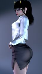 1girl 3d alex_domino ass bangs big_ass black_hair dress_shirt female glasses goth_girl horns large_ass lesbian nopixel painted_nails ponytail side_view skirt solo_female thighs