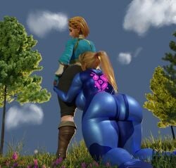 ass ass_focus ass_grab blonde_hair blue_eyes breasts female huckleberry8181 huge_ass huge_breasts huge_butt lesbian_couple lesbian_domination lesbian_sex nintendo princess_zelda samus_aran worship yuri