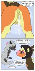 angry animal_genitalia animal_pussy animal_vulva anus bodily_fluids breasts clitoris comic cover_(flowerbud) crotch_breasts crotchboobs cum cum_inside dialogue duo equine_genitalia equine_pussy equine_vulva farigiraf female feral flowerbud generation_3_pokemon generation_9_pokemon genital_fluids genitals giraffe hi_res hyena leaking_cum male male/female nervous nintendo penis penis_tip pokemon pokemon_(species) poochyena pussy scruff_grab sheath telekinesis unwanted_cum_inside