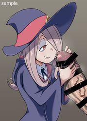 1boy 4shi censored eyeshadow female grin hair_over_one_eye half-closed_eyes handjob hat huge_cock little_witch_academia luna_nova_school_uniform makeup penis precum purple_hair red_eyes sample smile sucy_manbavaran witch_hat