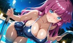 1girls ai_generated ass ass_focus back back_view behind behind_view big_ass blue_eyes blush breasts female female_only huge_breasts kirishima_romin large_breasts long_hair looking_at_viewer massive_ass nervous_smile night_sky parted_lips partially_submerged pool pool_ladder poolside purple_hair romin_kassidy romin_kirishima school_swimsuit shiny_clothes shiny_skin smile sweat swimsuit thick_thighs thighs water wet yu-gi-oh! yu-gi-oh!_sevens