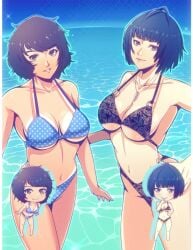 2girls bikini bikini_tan black_bikini black_hair blue_bikini blue_sky breasts brown_eyes cleavage closed_mouth collarbone corner50777313 cowboy_shot deformed female floral_print_bikini full_body highleg highleg_bikini highres jewelry large_breasts looking_at_viewer medium_breasts multiple_girls multiple_views navel necklace o-ring o-ring_bikini o-ring_bottom o-ring_top ocean open_mouth outdoors persona persona_5 polka_dot polka_dot_bikini sadayo_kawakami short_hair sky smile standing stomach swimsuit tae_takemi tan tanline teeth thighs underboob