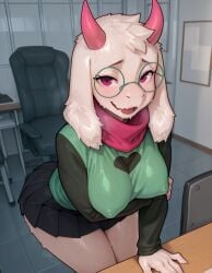 1female 1girl 1girls 2025 2025s 2d 2d_(artwork) 2d_artwork ai ai-created ai_art ai_assisted ai_generated animal_ears anthro anthro_female anthrofied black_skirt blush body_fur bovid bovine breasts caprine chair crossgender darkner deltarune deltarune_chapter_2 deltarune_chapter_3 deltarune_chapter_4 eyelashes female female_anthro female_focus female_only female_ralsei floppy_ears fur furry furry_female genderswap genderswap_(mtf) glasses goat goat_ears goat_girl goat_horns goat_humanoid goat_tail green_eyewear green_glasses hand_on_own_hip high_resolution horn horns illustrious_(stable_diffusion) long_sleeves looking_at_viewer mammal meevow mtf_crossgender nipples_visible_through_clothing open_mouth pink_eyes pink_horn pink_horns pink_scarf pony_diffusion_(model) pony_diffusion_xl ralsei ralsei_(female) ralsei_with_white_fur round_eyewear round_glasses rule63 rule_63 scarf skirt smile smiling smiling_at_viewer snout solo solo_female solo_focus stable_diffusion sweat sweatdrop sweating sweaty sweaty_legs tail thick_thighs thighs toby_fox tongue undertale undertale_(series) video_games white_body white_ears white_fur white_tail wide_hips