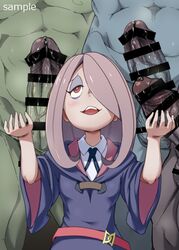 1girls 3boys 4shi :d abs bar_censor breasts censored clothed_female_nude_male covered_navel eyeshadow hair_over_one_eye large_penis little_witch_academia luna_nova_school_uniform makeup multiple_boys multiple_penises nude open_mouth penis penis_awe precum purple_hair red_eyes sample small_breasts smile sucy_manbavaran surrounded_by_penises