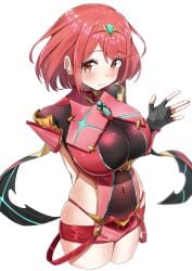 1girls absurdres blush bob_cut breasts chest_jewel covered_navel cropped_legs female fingerless_gloves gloves highres impossible_clothes large_breasts looking_to_the_side micro_shorts pigekn2 pyra pyra_(xenoblade) red_eyes red_hair red_shorts short_hair shorts skindentation solo suspenders_hanging swept_bangs tiara white_background xenoblade_(series) xenoblade_chronicles_(series) xenoblade_chronicles_2