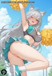 ai_generated alternate_costume animal_ear_fluff animal_ears arm_up armpits ass bangs bare_shoulders blue_archive blue_eyes blush breasts cheerleader cleavage crop_top day extra_ears female grey_hair hair_ornament holding large_breasts long_hair looking_at_viewer midriff miniskirt navel no_panties one_eye_closed open_mouth outdoors pikkiwynn pleated_skirt pom_pom_(cheerleading) pussy shiroko_(blue_archive) shoes skirt sky smile sneakers socks solo sports_bra stomach thighs uncensored very_long_hair white_socks wolf_ears